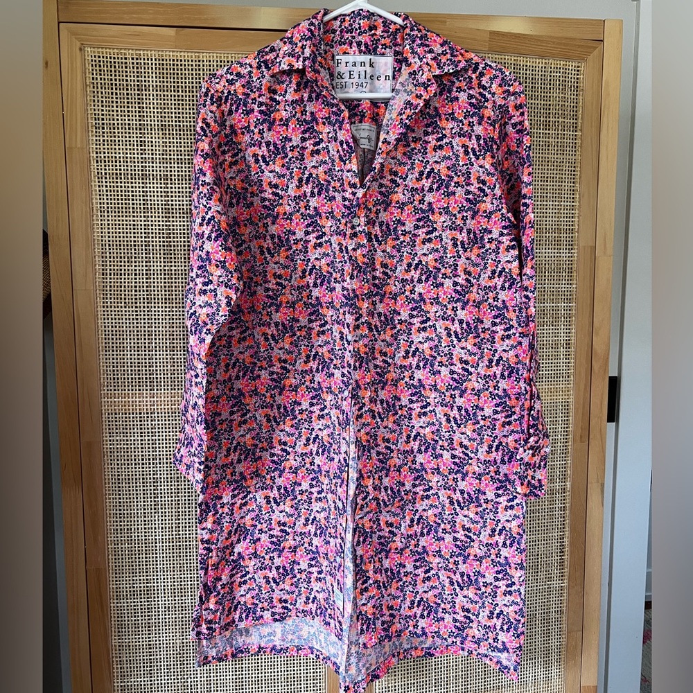 Frank & Eileen Hunter Linen Button Front Shirtdress Neon Floral Size XS like new